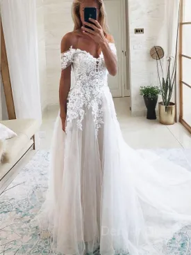 A-Line Off-the-Shoulder Cathedral Train Tulle Wedding Dresses With Appliques Lace