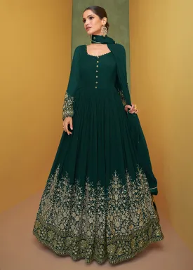 Appealing Bottle Green Wedding Embroidered Bridal Anarkali Gown