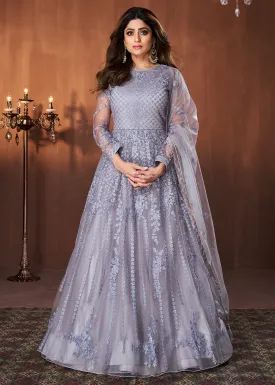 Bluish Grey All Over Embroidered Shamita Shetty Gown