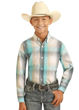 Boy's Panhandle Long Sleeve Turquoise Plaid Button Down Shirt