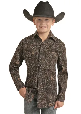 Boy's Rock & Roll Black Paisley Print Long Sleeve Snap Shirt