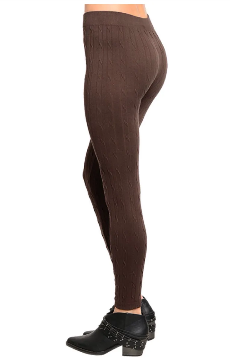 Cable Knit Seamless Fleece Lined Leggings: Coffee Brown