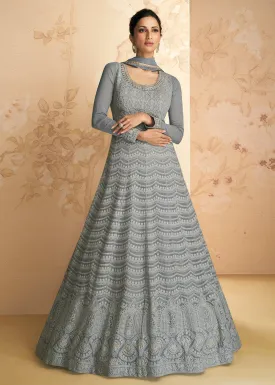 Chikankari Style Grey Traditional Work Festive Anarkali Gown