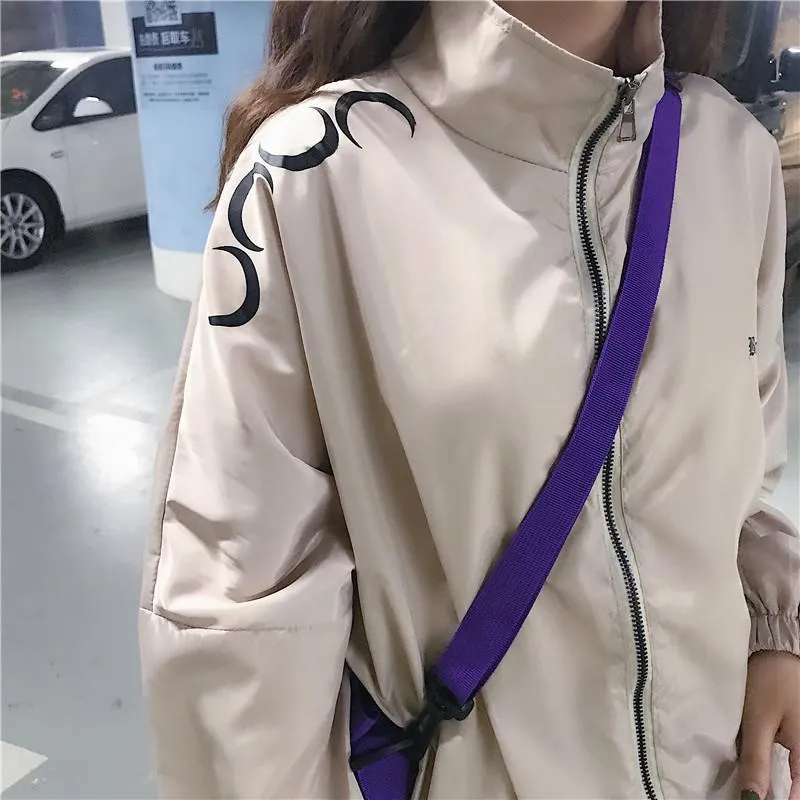 Cute Moons Pattern Windbreaker Sporty Creamy Jacket