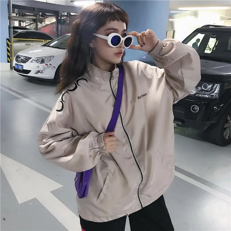 Cute Moons Pattern Windbreaker Sporty Creamy Jacket