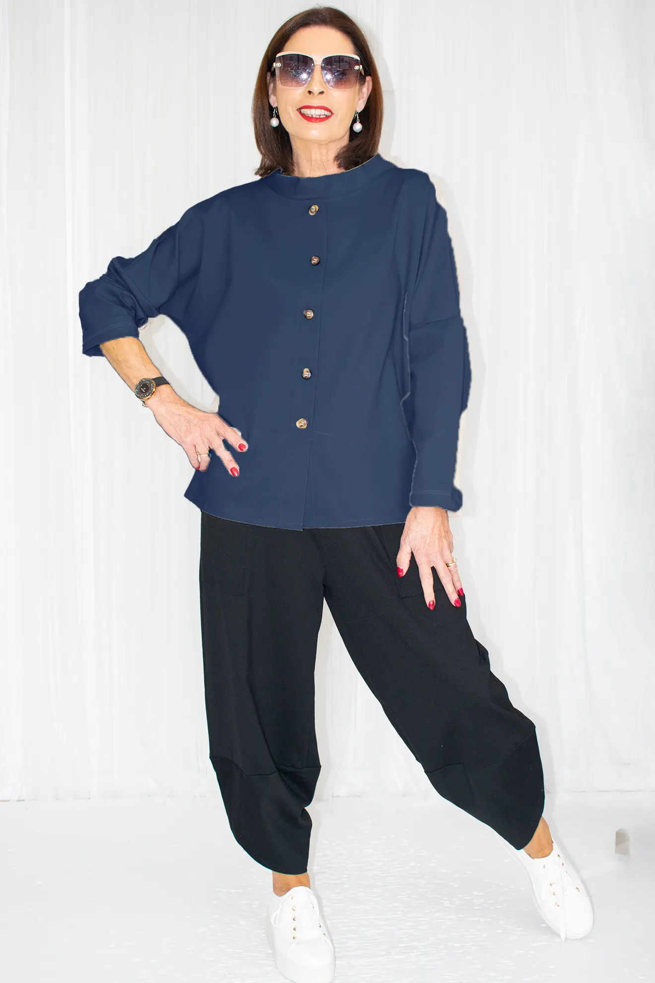 Elise Button Down Front Scuba Top in Navy