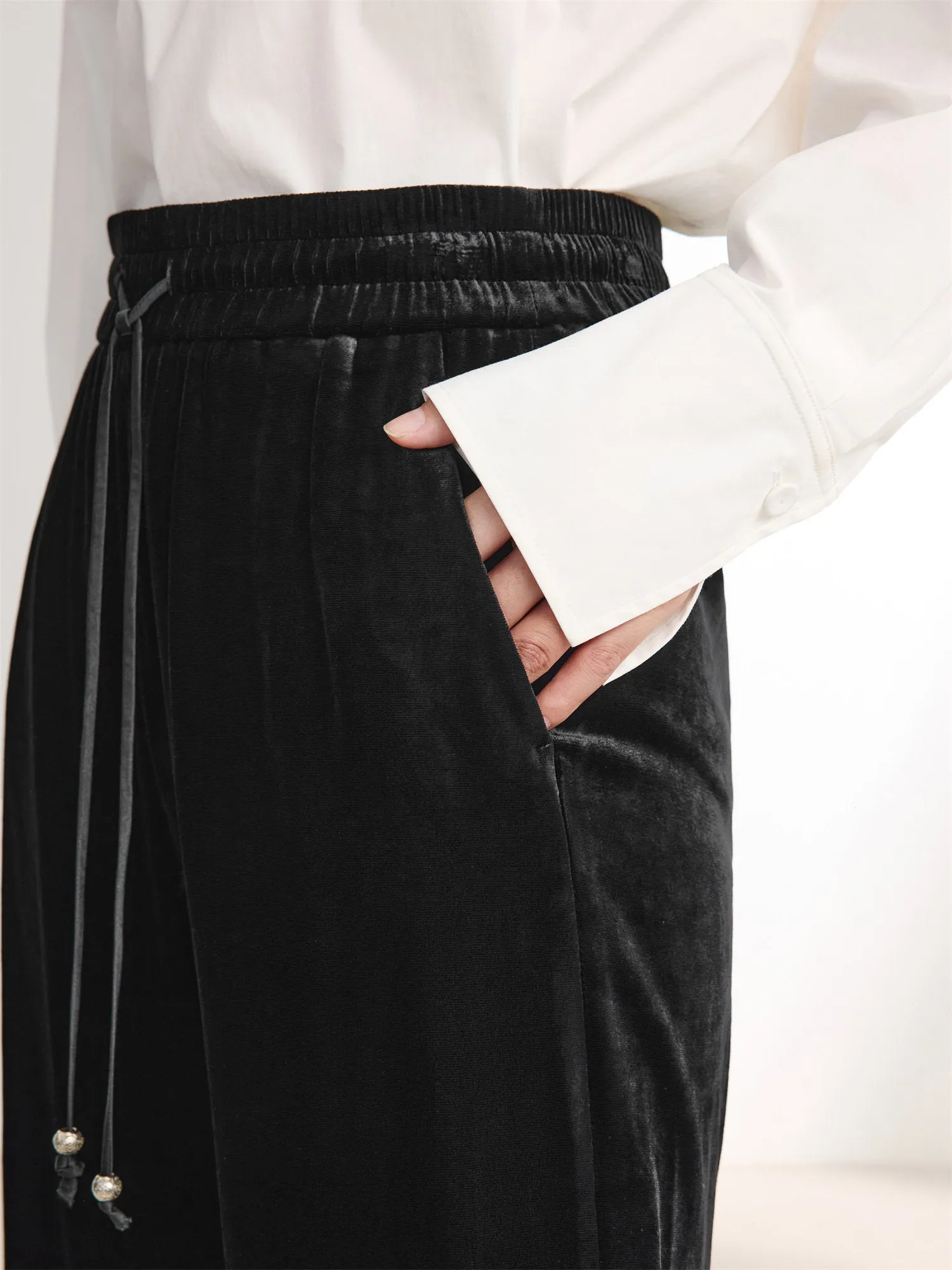 EP YAYING Stretch Velvet Wide-Leg Pants