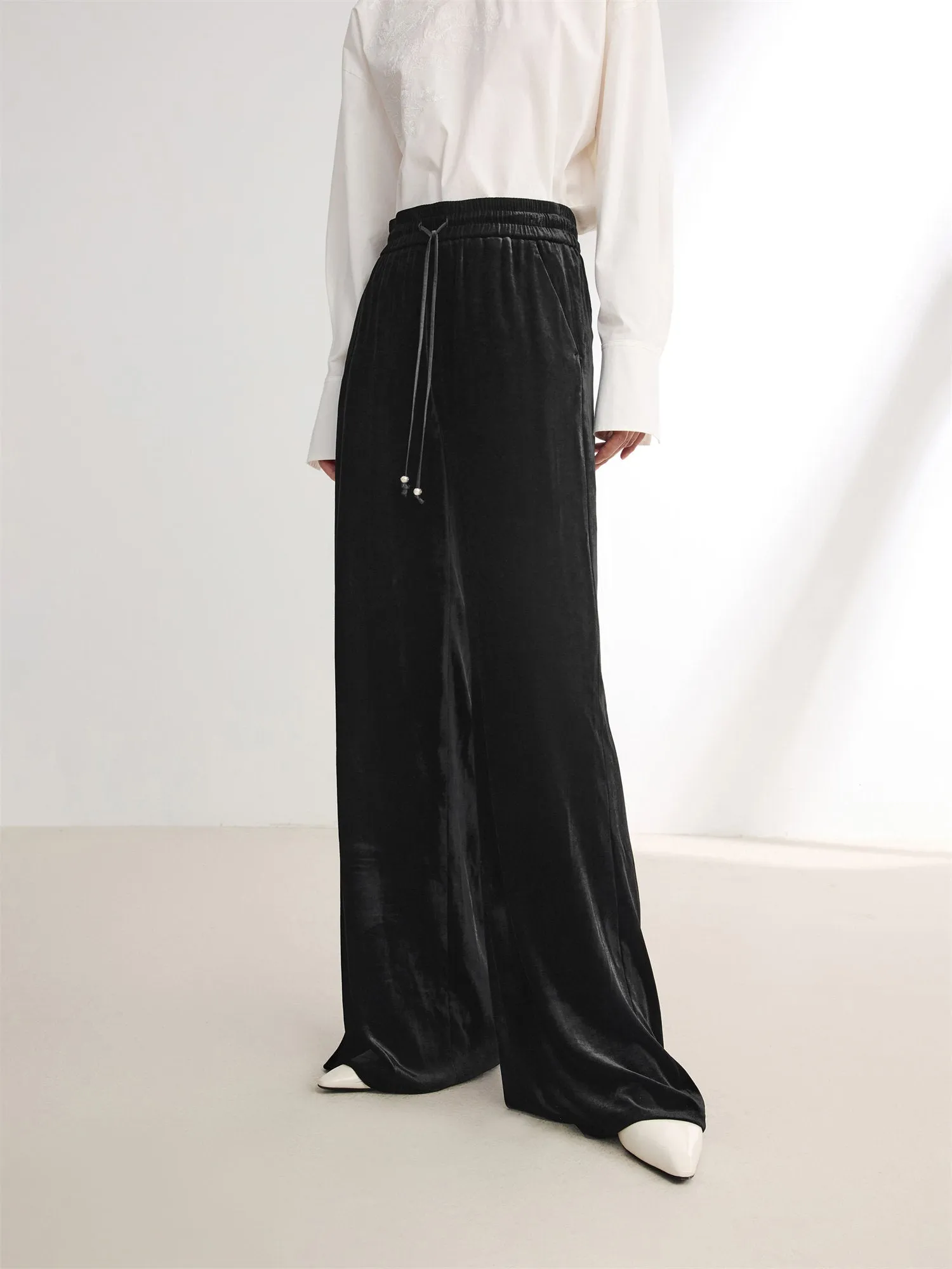 EP YAYING Stretch Velvet Wide-Leg Pants