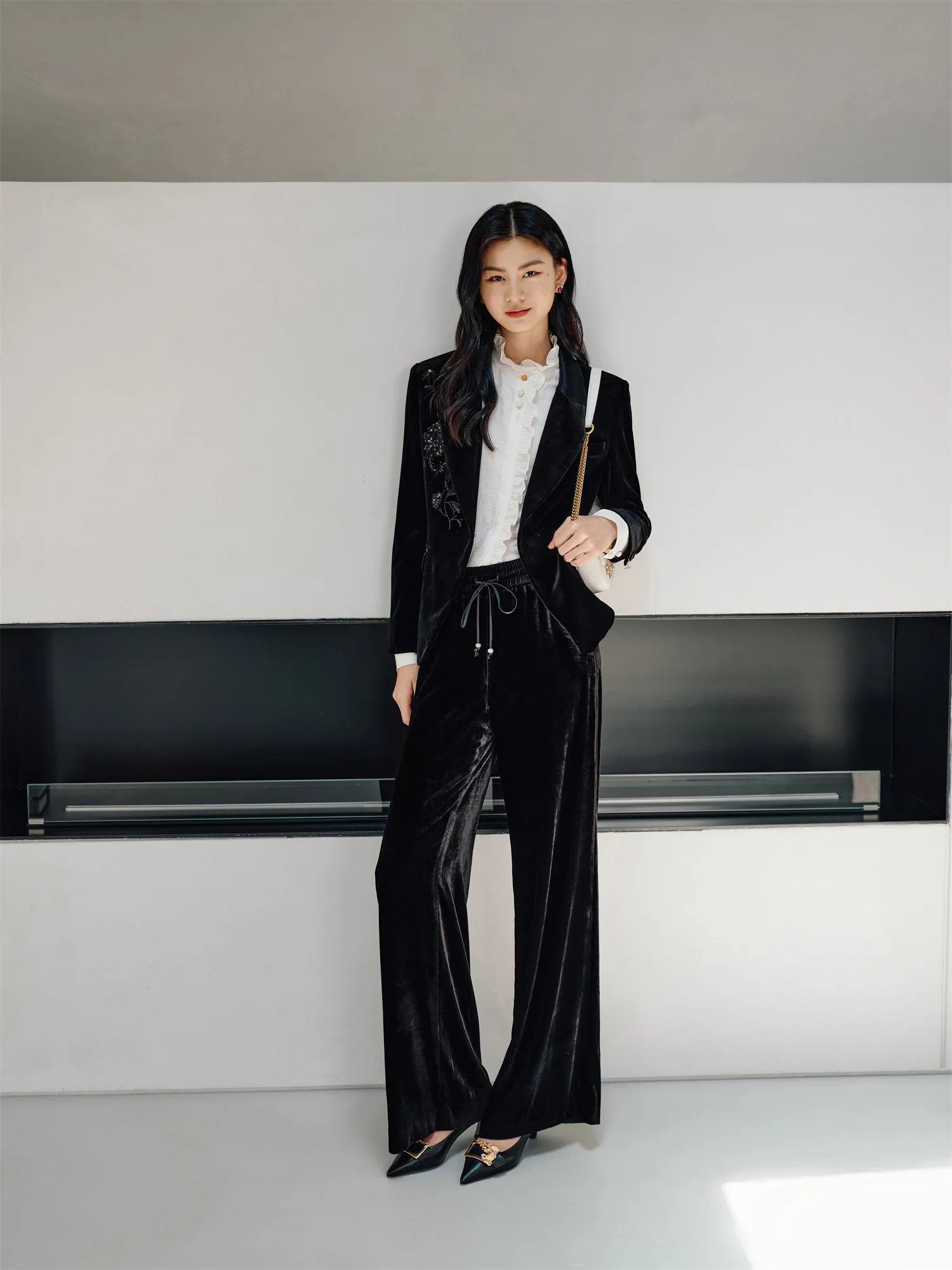 EP YAYING Stretch Velvet Wide-Leg Pants