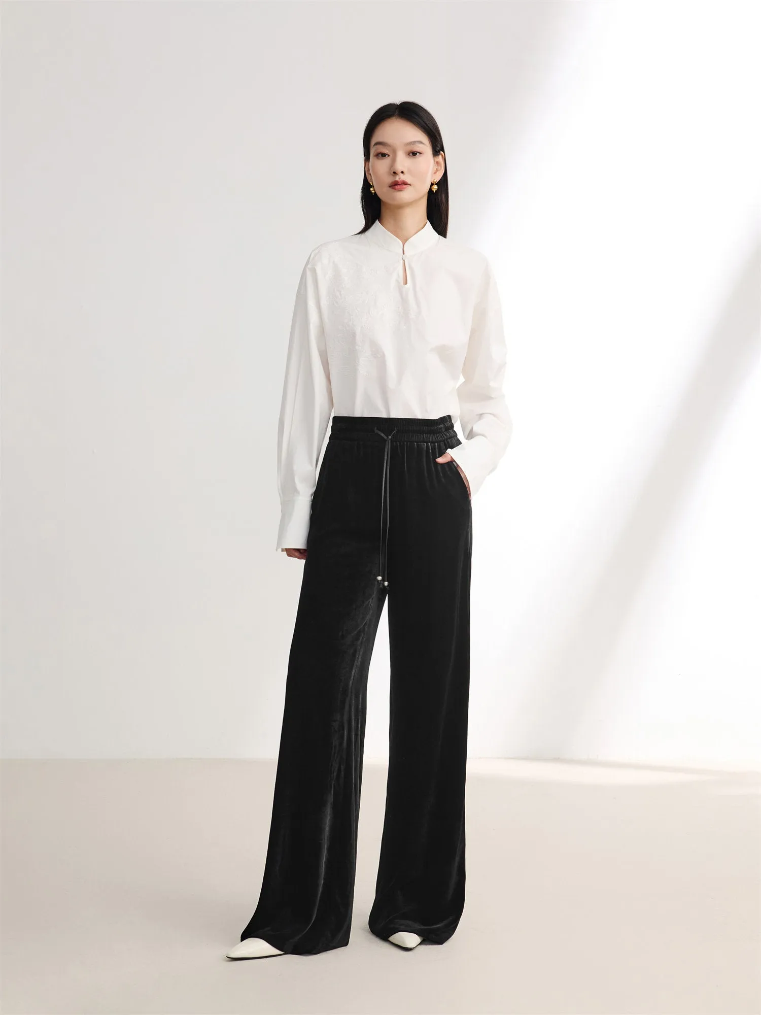 EP YAYING Stretch Velvet Wide-Leg Pants