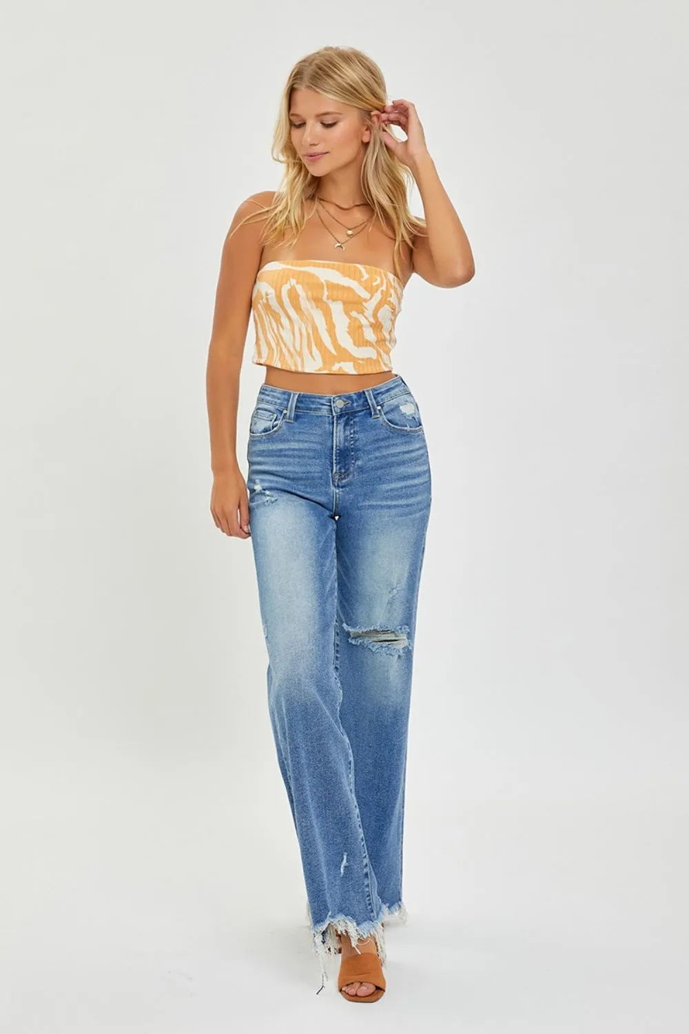 Full Size High Rise Frayed Hem Wide Leg Jeans