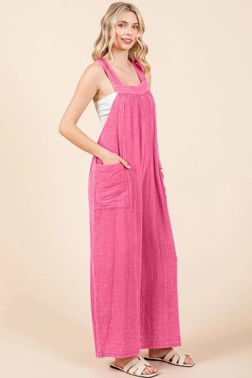 Full Size Pocketed Sleeveless Wide Leg Overalls