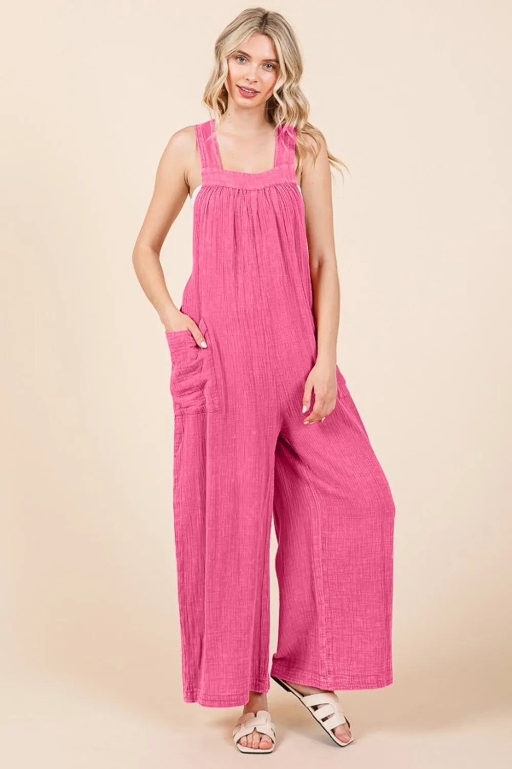 Full Size Pocketed Sleeveless Wide Leg Overalls