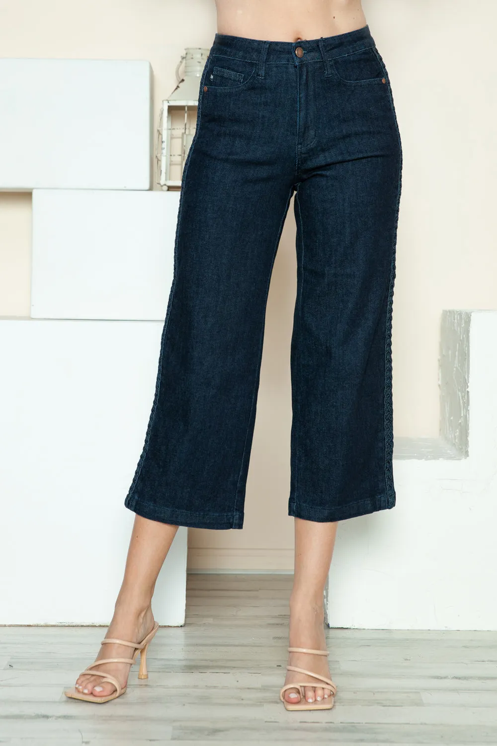 Full Size Side Seam Braid Detail Crop Wide Leg Jeans