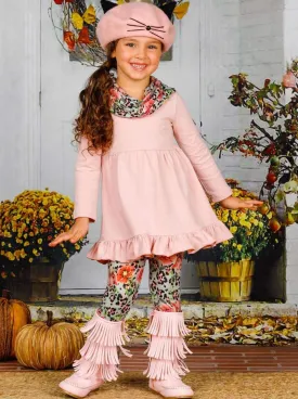 Girls Long Sleeve Ruffled Tunic, Floral and Animal Print Leggings And Scarf Set