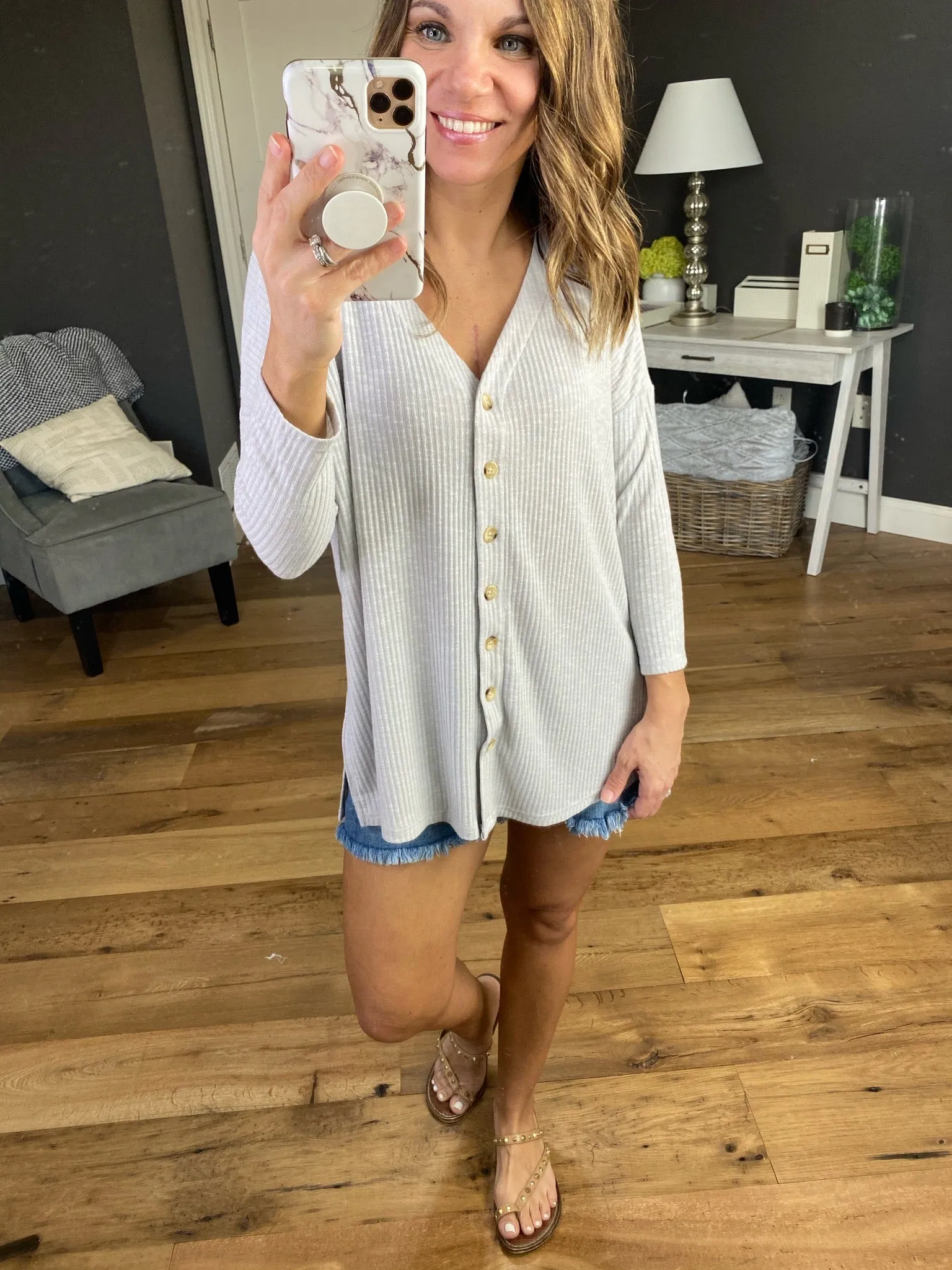 Love Your Memory 3/4 Sleeve Light Grey Ribbed V-Neck Button Down