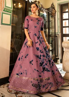 Mauve Shibori Print Embroidered Floor Length Cotton Gown