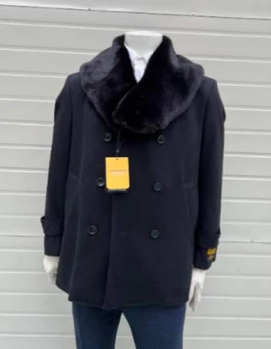 Mens Pea coats With Fur Collar - Wool Black Peacoats