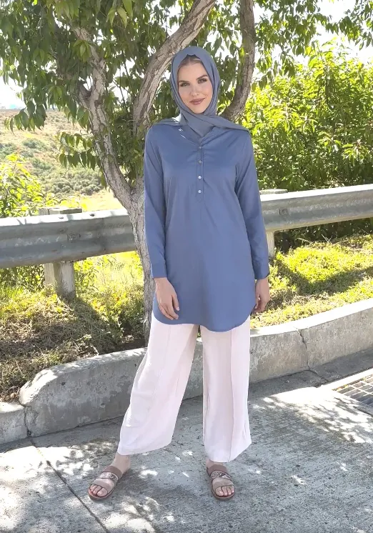 Parisa Long Mostly Cotton Everyday Tunic - Denim Blue