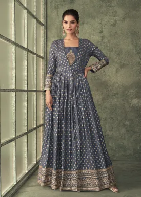 Pretty Grey Viscose Silk Embroidered Anarkali Gown with Jacket