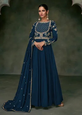 Sangeet Wear Blue Premium Silk Indian Anarkali Gown