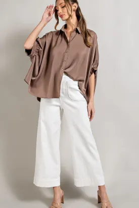 Satin fabric short sleeve button down top