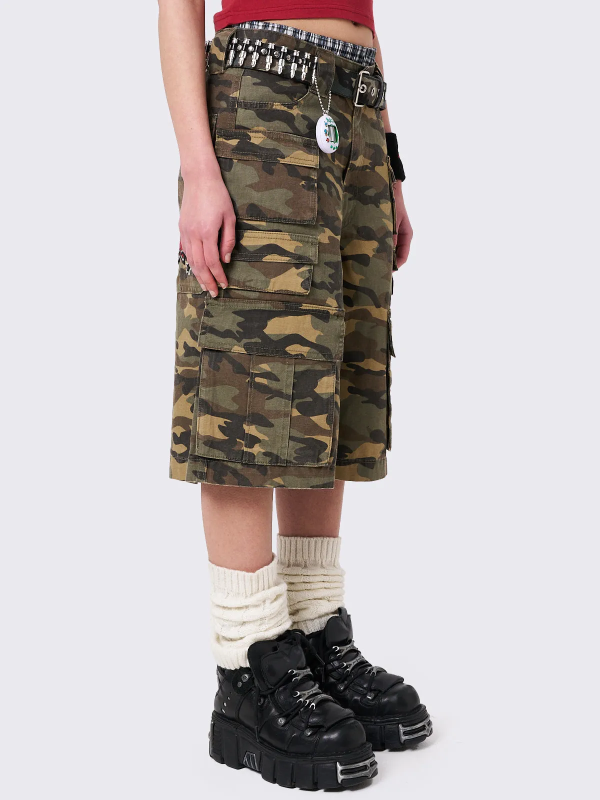 Stereo Camo Multi Pocket Long Cargo Shorts